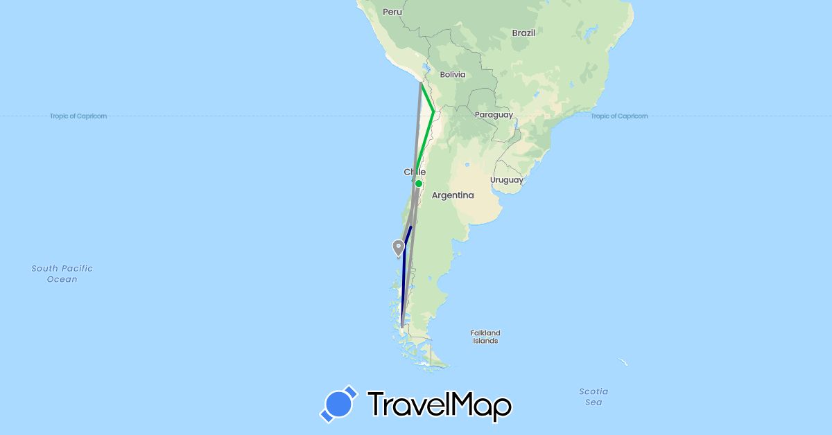 TravelMap itinerary: driving, bus, plane, hiking in Chile (South America)